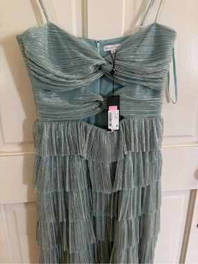 Gianni Bini Shimmery Seafoam Strapless Tiered Ruffle Maxi Dress